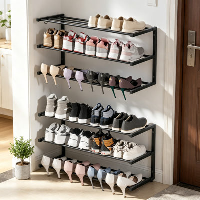 2 Pack Wall Mounted Shoe Rack, 3 Tier Expandable Hanging Shoe Organizer Holds 24 Pairs, 17-30 Inch Adjustable Heavy Duty Shoe Rack with 4 Storage Hooks, Space Saving for Closet Entryway, Black