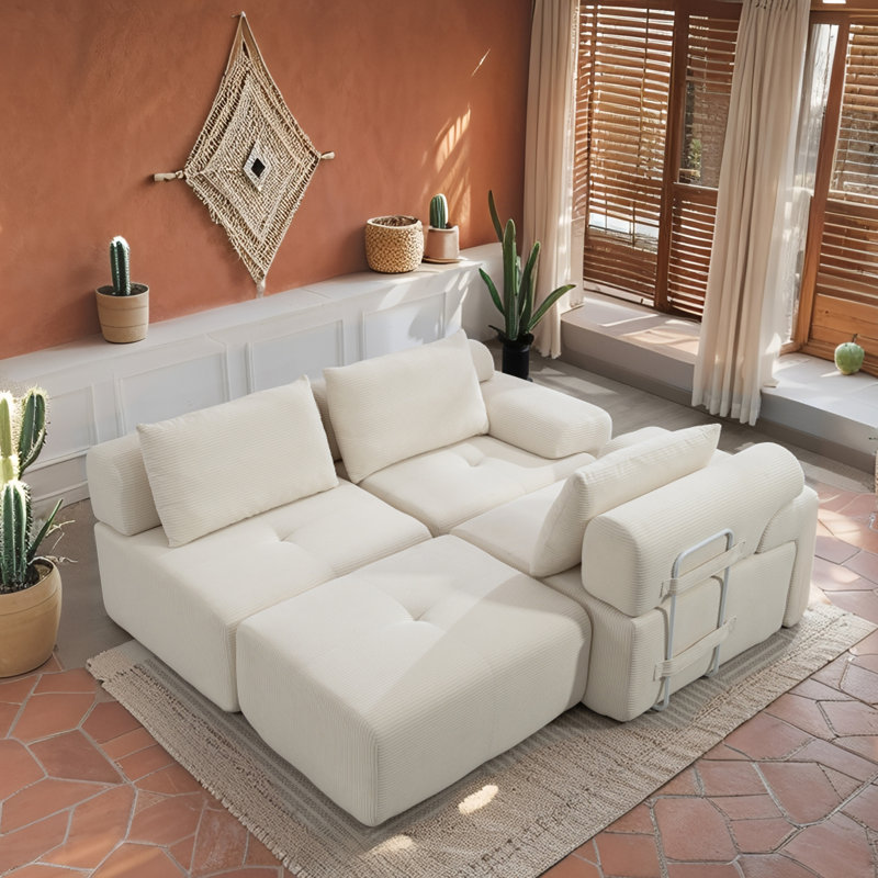 Boneless Green Corduroy L-shaped Sectional Sofa With 1 Ottoman, White Corduroy