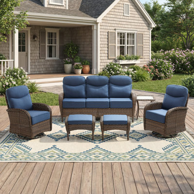 Himonia 6-Piece Outdoor All-Weather Wicker Patio Conversation Set With Swivel Gliders, Ottomans And Side Table