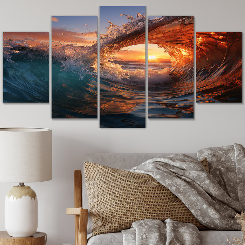 Permenter - art mural sur toile vagues côtières - 5 panneaux