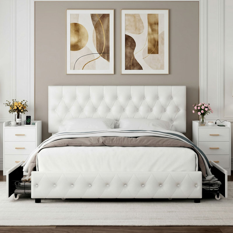 Ensemble de chambre à coucher 3 pièces, lit tapissier avec tête de lit réglable et table de chevet en bois (ensemble de 2)