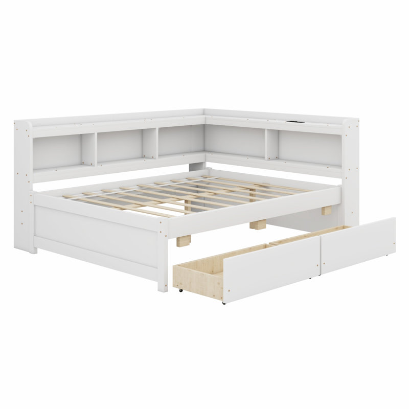 Lit en forme de L avec bibliothèques avec prises de courant, ports de chargement USB, tiroirs, Blanc