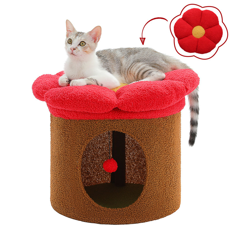 Maison pour chat avec arbre, lit troglodyte et coussin pour chat à fleurs amovible