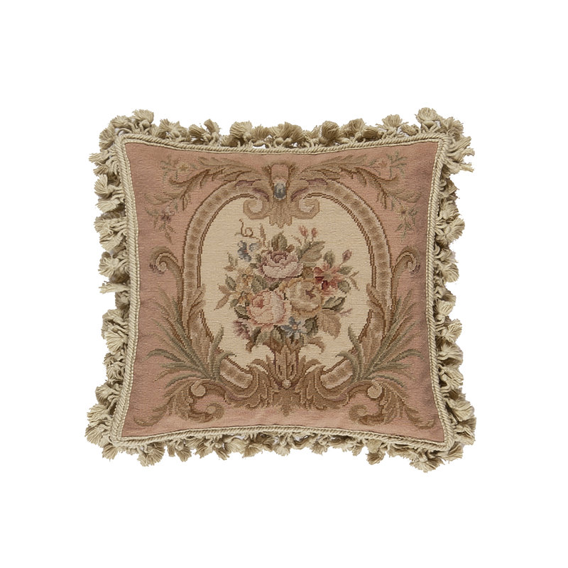 Needlepoint Square Pillow Cover & Insert, Beige Floral 1, Square 16"