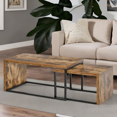 2-Piece Nest Of Coffee Tables Industrial Rustic Brown Living Room Furniture