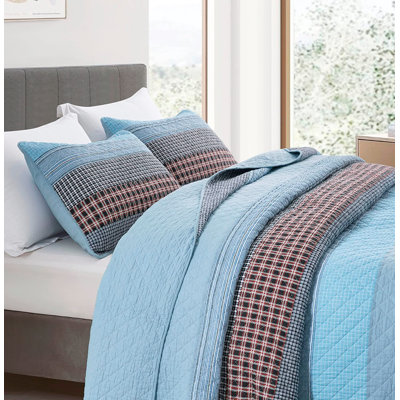 Red/Blue Pre-Washed Cotton Striped Quilt Set
