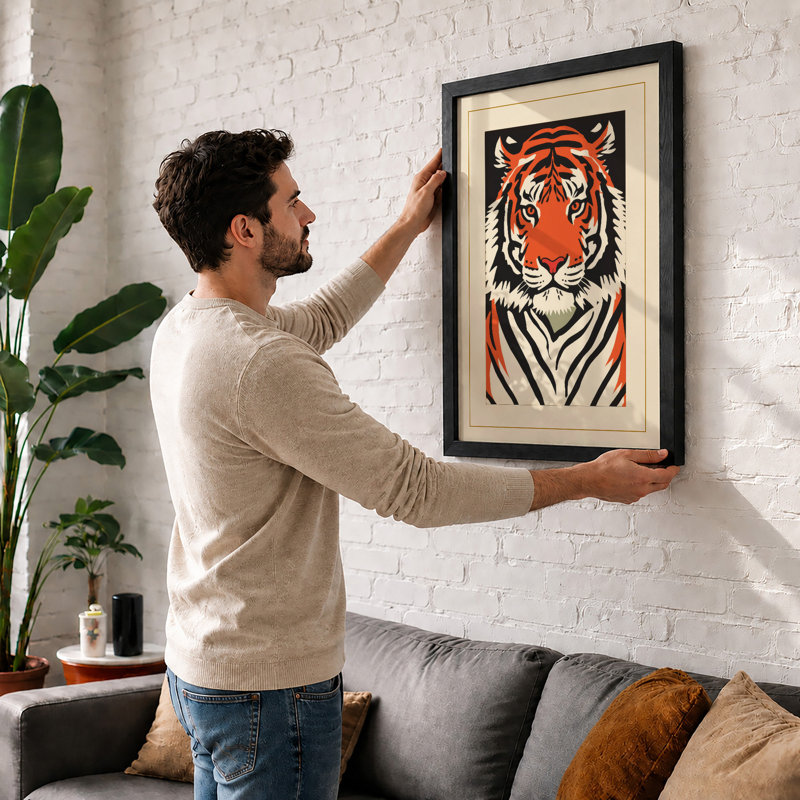 Tiger Face Forward Graphic Art - Framed Print, Black, A3 - 42.0 x 29.7 cm