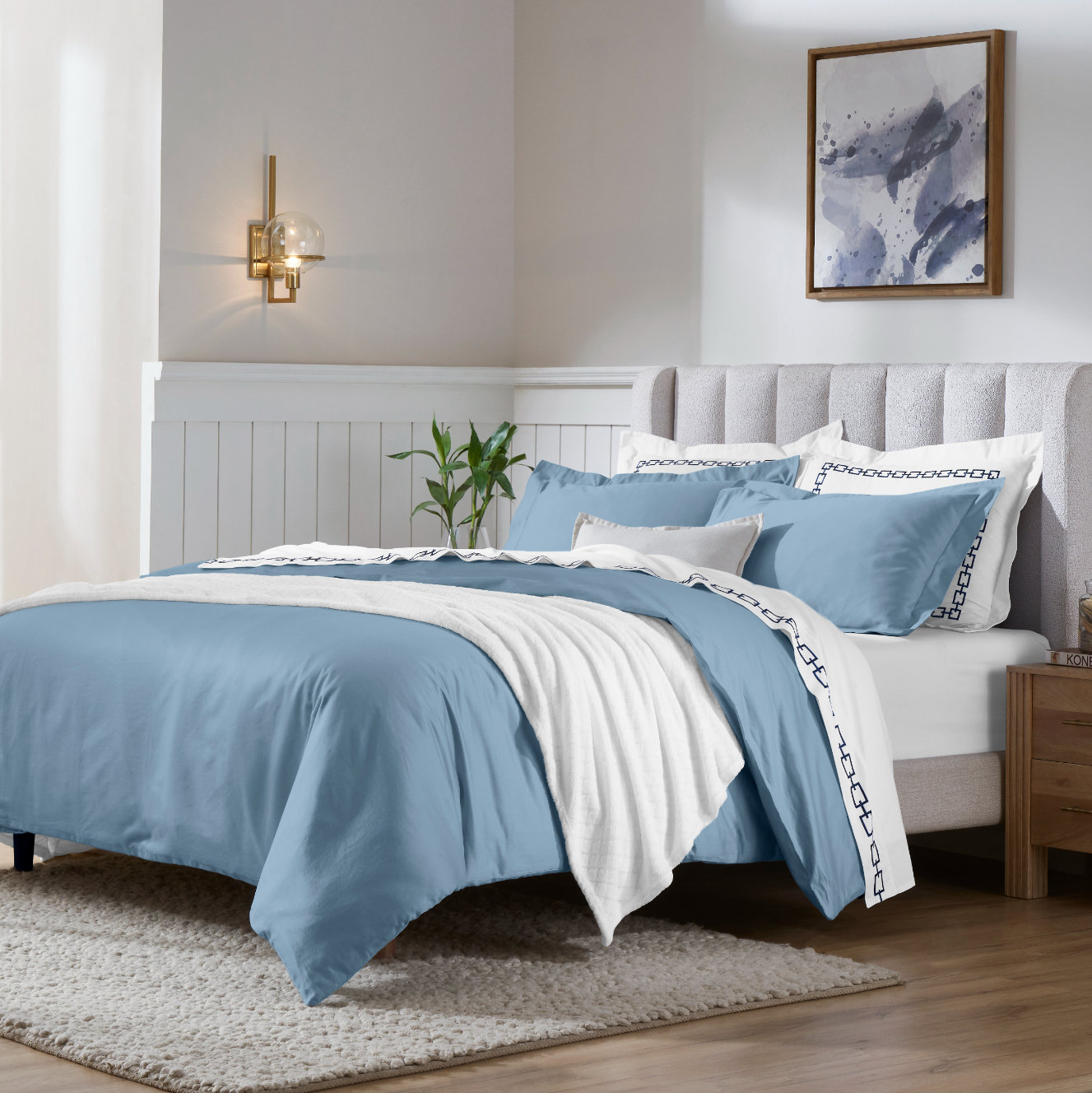 Egyptian Cotton Duvet Cover Set, Medium Blue, Twin Duvet Cover + 2 Standard Shams