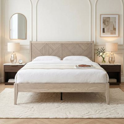 Averin Queen Size Modern Solid Wood Platform Bed Frame, AVB-43-Q, with Geometric Headboard, Driftwood Beige, No Box Spring Needed