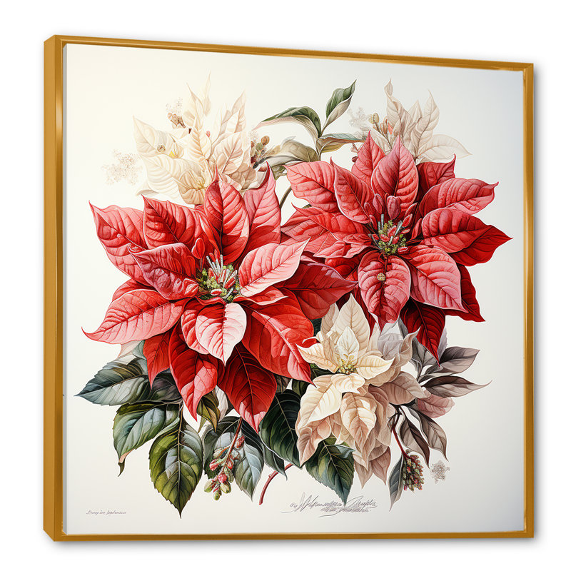 Charmant poinsettias sur toile, Cadre flottant doré, H 24 po x l 24 po x P 1 po