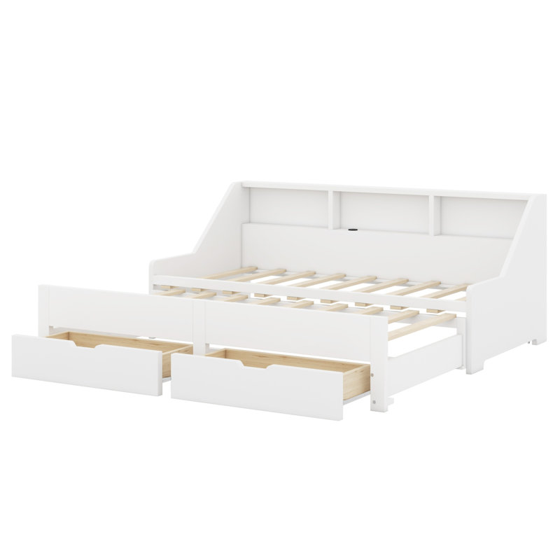 Structure de lit de jour contemporaine avec tiroirs de rangement, tablettes et fonction de chargement, White