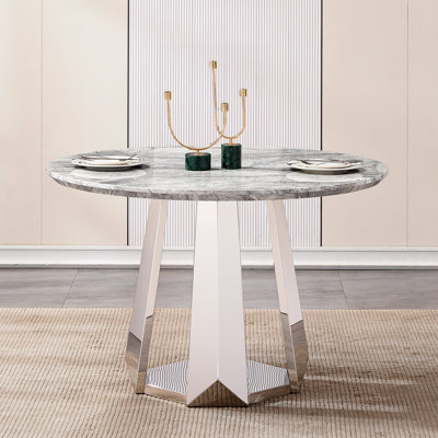 Table de salle à manger ronde en marbre de 47 po avec plateau à effet effet et base en acier inoxydable à finition miroir 8k, gris argenté, convient pour une table de bureau de 48,03 po de diamètre, un faux plateau de table et une cuisine stable