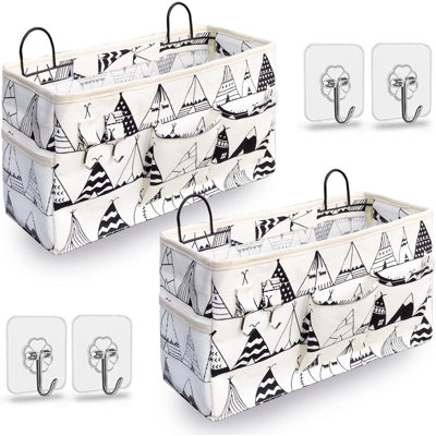 Grand sac de rangement mural 2 pièces, paniers de rangement suspendus en tissu de lin avec poches, bac imperméable pour la cuisine, la chambre à coucher, le bureau, le camping-car (blanc)