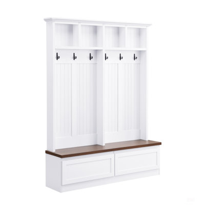 Farmhouse 4-In-1 Hall Tree With Wood Grain Bench And 2 Large Drawers, Mudroom Organizer With 6 Hooks, White, 55.9W