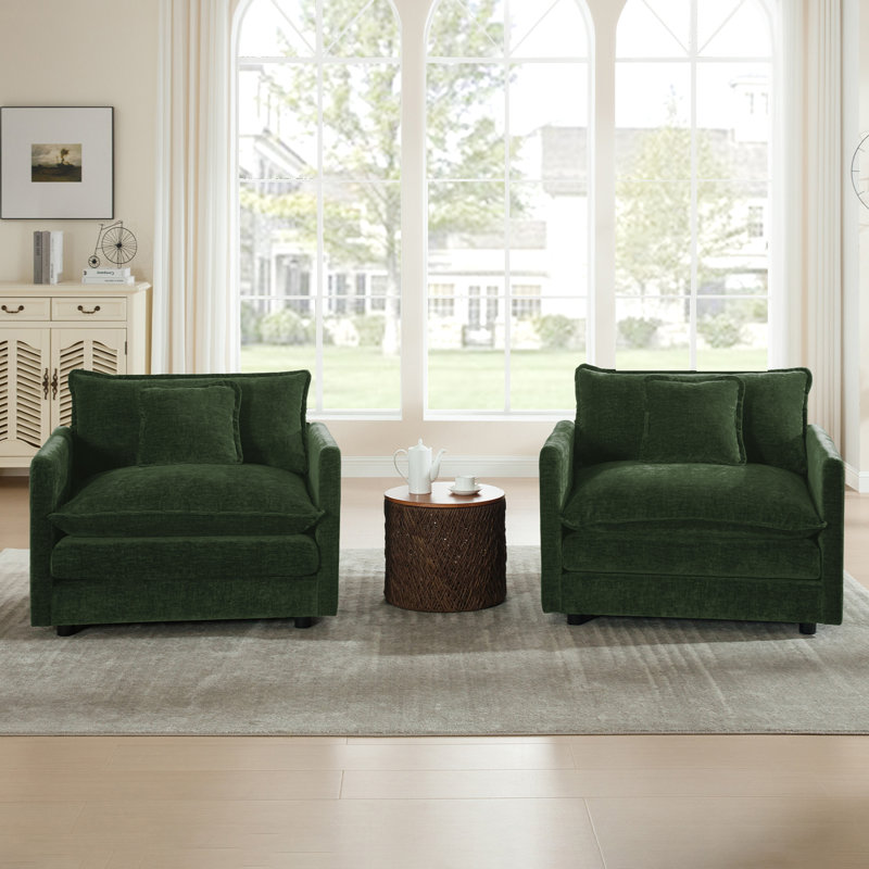 Ensemble de 2 fauteuils d'appoint modernes, fauteuils rembourrés haut de gamme, chaises de salon avec coussin décoratif, Vert