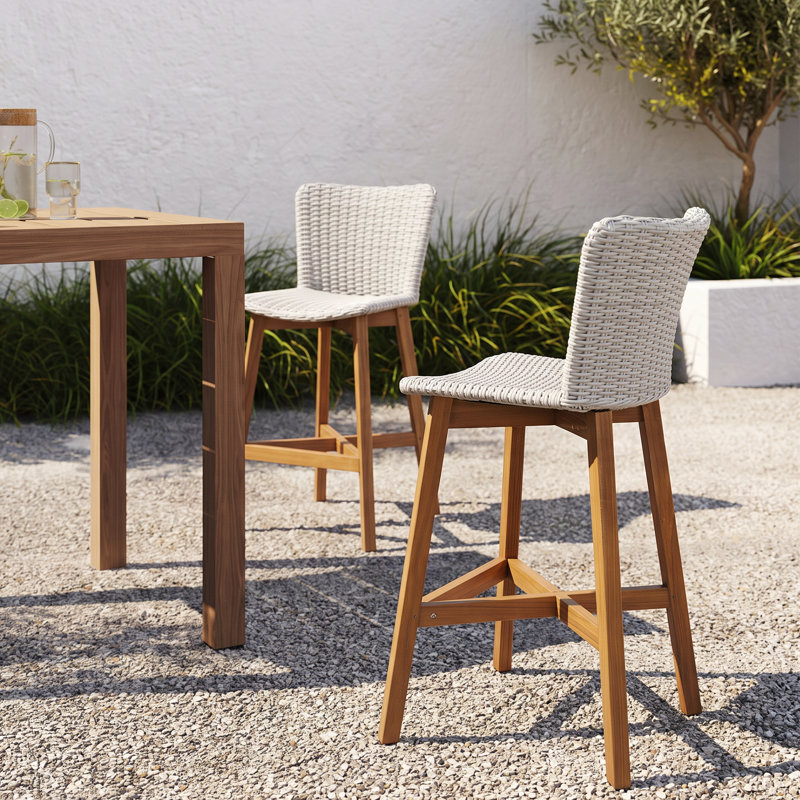 Tabourets de comptoir en rotin PE de 26,7 po de hauteur avec structure en bois d'acacia Rocky, Gris clair