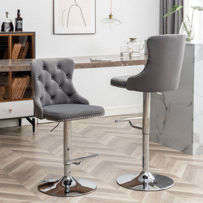 Velvet Bar Stools Set Of 4, Swivel Counter Height Bar Stools With Nailheads Trim, Adjustable Barstools For Kitchen Island, Pub, Club
