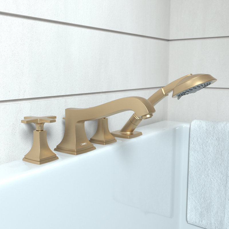 Hansgrohe Metropol Classic 4-Hole Roman Tub Set Trim with 1.8 GPM Handshower Trim Set Only, Brushed Bronze, Cross Handle