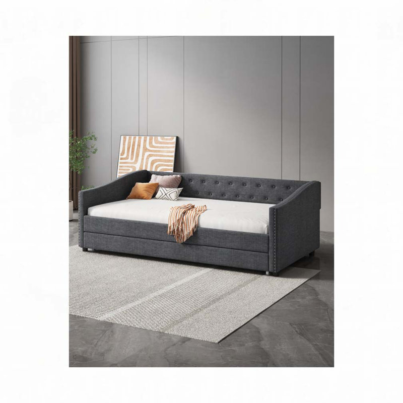 Upholstered Tufted Daybed with Trundle, Light Gray, Twin