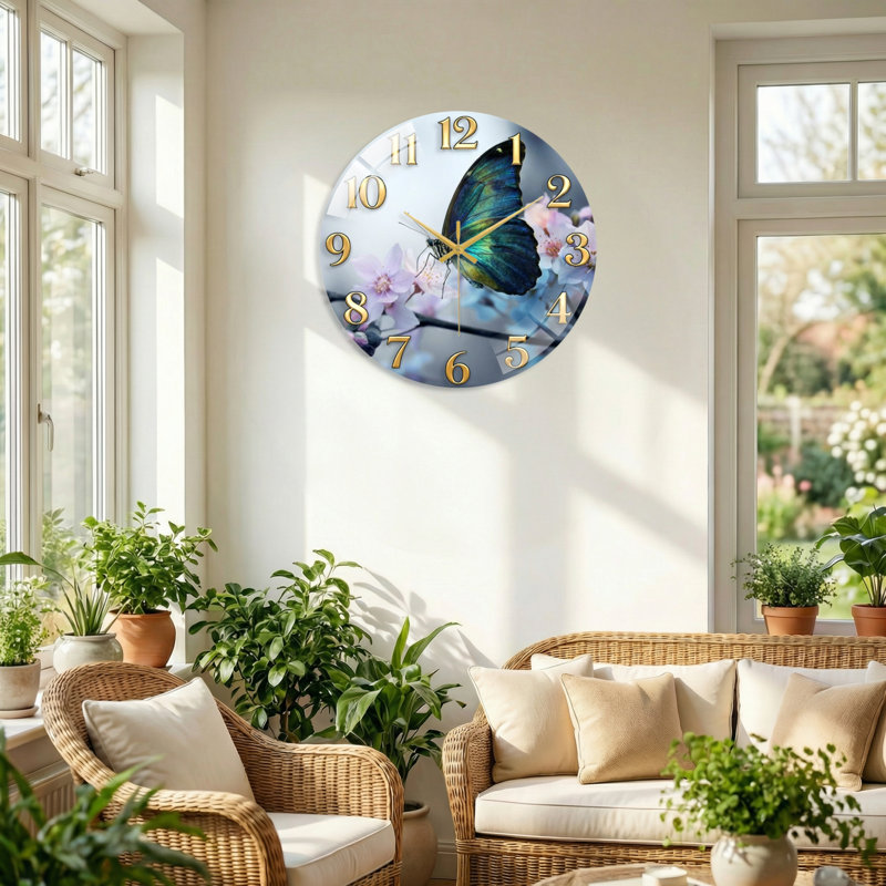 Horloge murale papillon en verre, 40 x 40 cm (15,7 x 15,7 pouces)