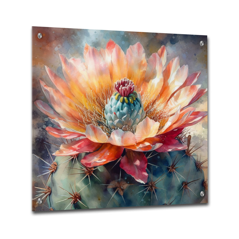 Art mural acrylique orange vert cactus III - Cactus moderne, H 36 po x l 36 po