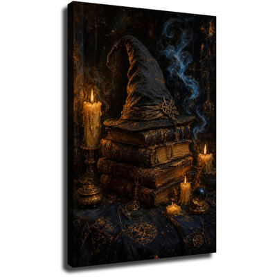 Antique Witch Hat Stacked On Grimoire Books With Burning Candles And Magic Smoke Dark Oil Painting Canvas Wall Art For Halloween Decor