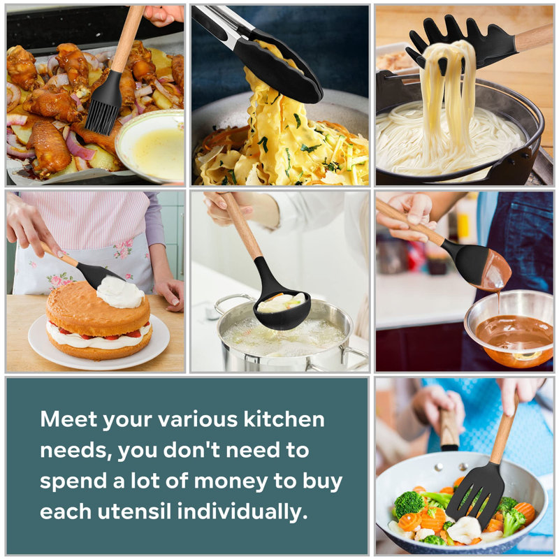 Kitchen Utensils Set,  25 Pieces Soft Silicone Cooking Utensil Set With Holder, Natural Wooden Handle Kitchen Spatula Spoon For Cooking Baking, Non Stick & Heat Resistant,
