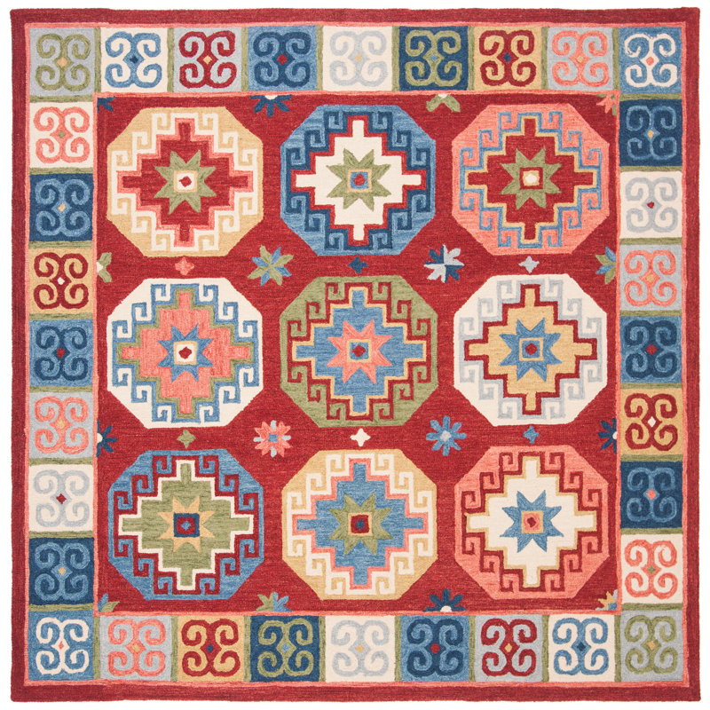 Tapis bleu / rouge en laine et coton touffeté à la main Vahakn, Carré 3 pi