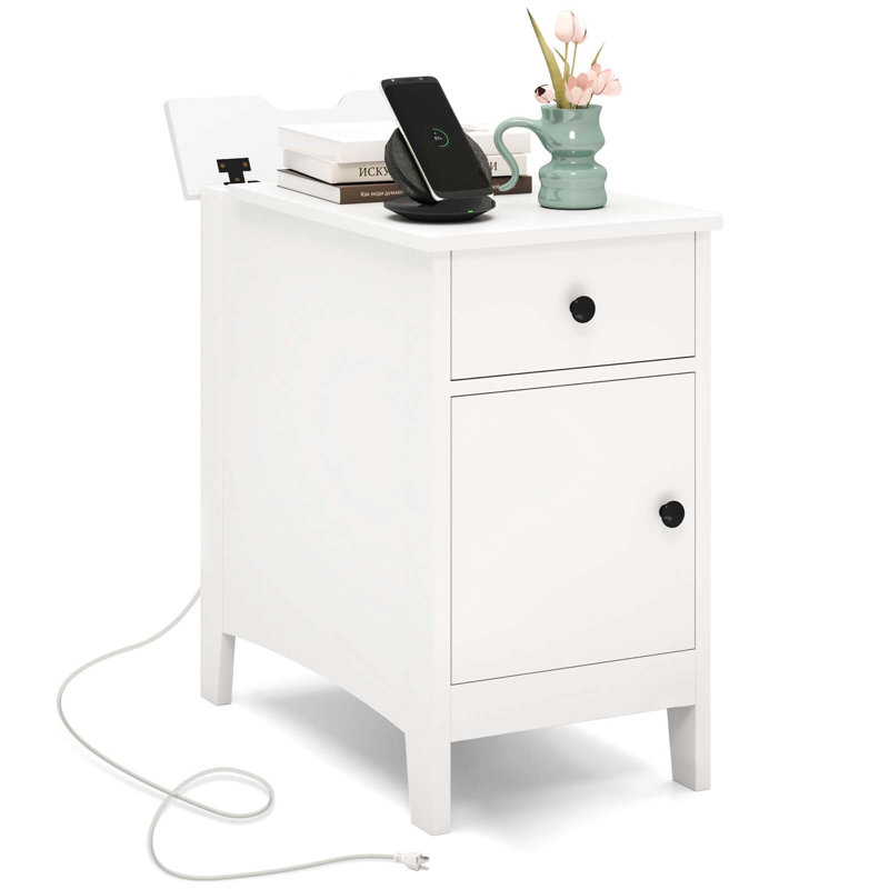 Table de bout avec station de charge Table de chevet rabattable avec ports et prises USB Blanc