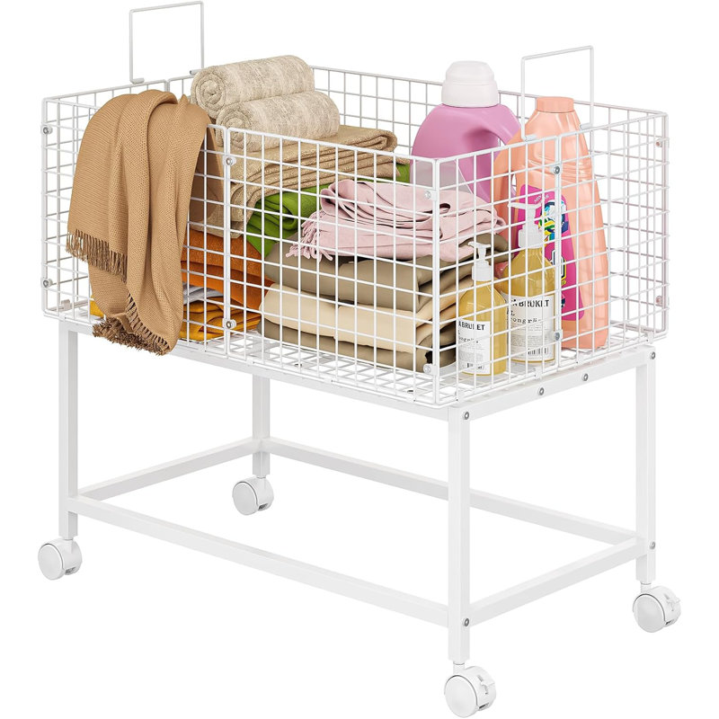 Grand chariot à linge roulant, chariot à linge métallique avec poignée et roulettes
