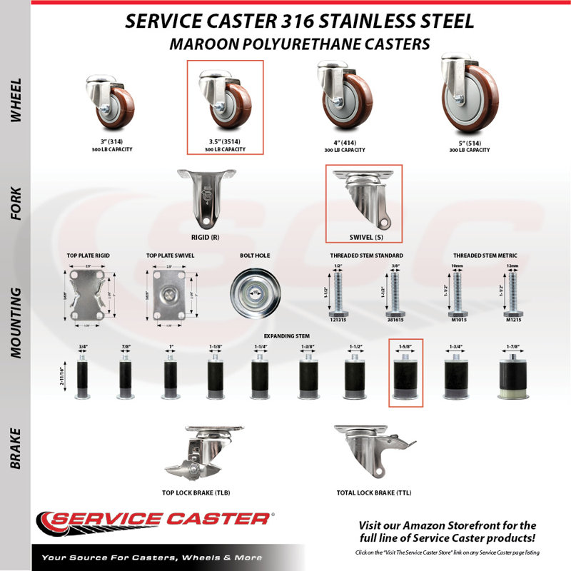Polyurethane Casters, Maroon