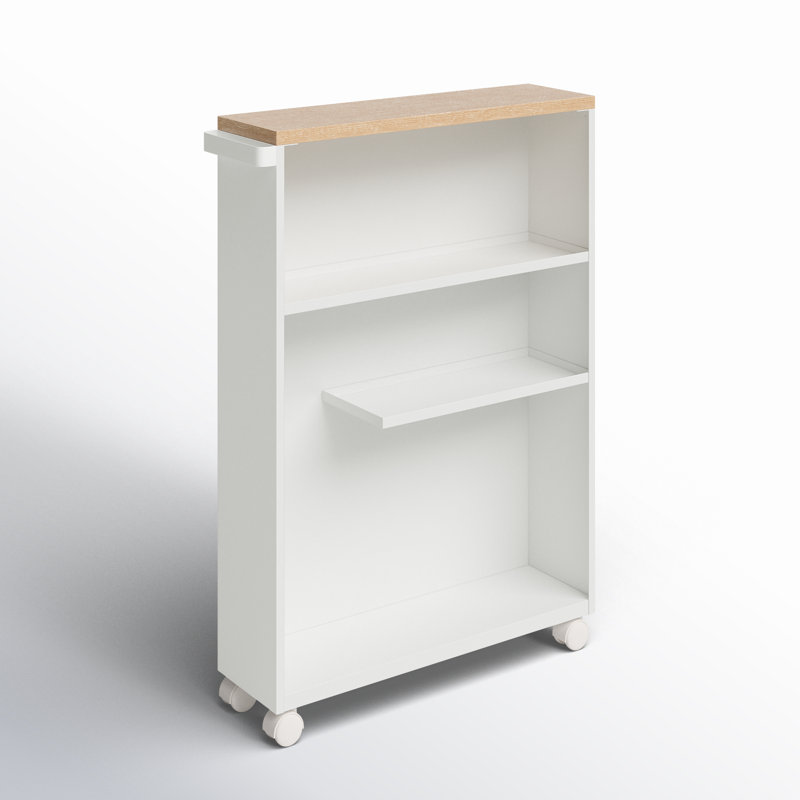 Slim White Wood Adjustable Rolling Bathroom Storage Cart