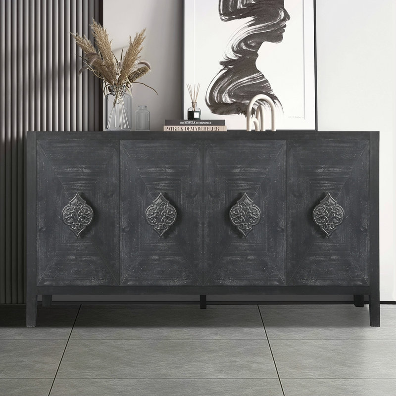 Poignée de porte sculptée à fleur, armoire antique à quatre portes pour le couloir de la cuisine du salon, Noir
