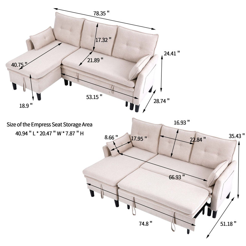 L-shaped Reversible Chaise Sectional Sofa With Storage - Cotton-linen, Beige, Office & Apartment Ready, Beige