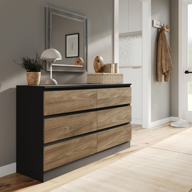 Sreyan Solid Wood 6 - Drawer Rectangle Accent Chest, Black/Oak