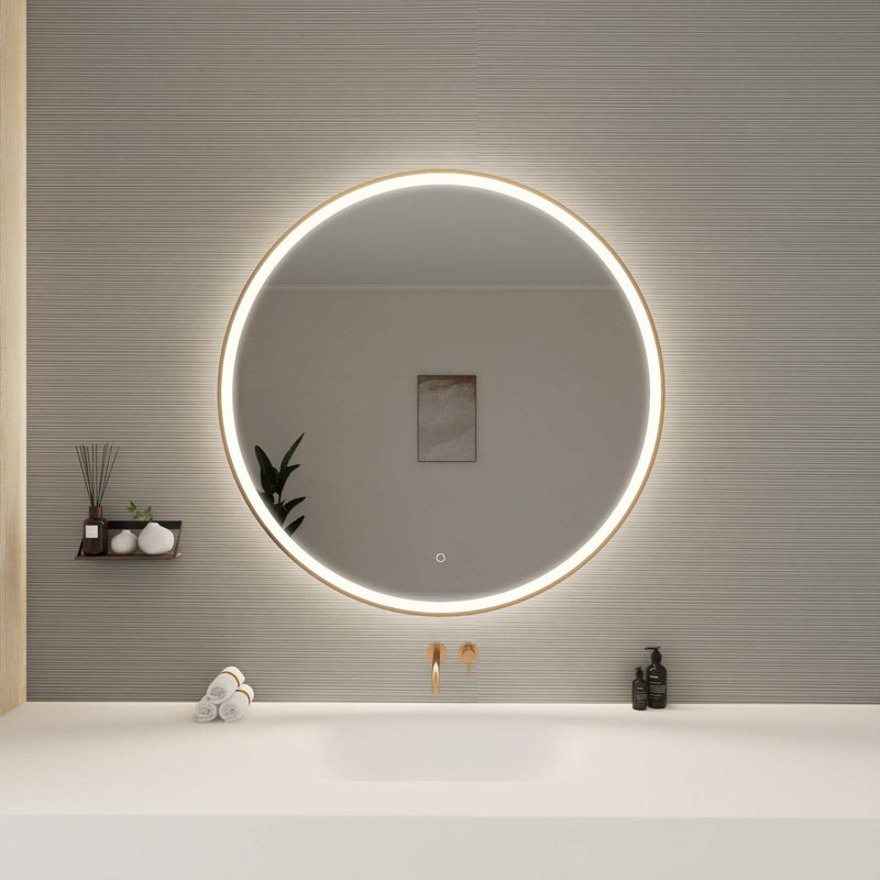 42 Round LED Front and Backlit Wall Mirror in Satin Gold, Satin Gold, 42" x 42"