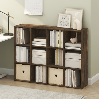 Étagère à livres à 12 compartiments, rangement intégré, 29,7 x 121 x 91,4 cm, pour salon, chambre ou bureau, pin ambré