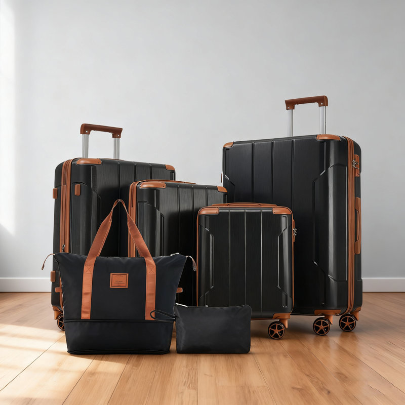 Ensemble de valises 6 pièces Hardshell, valises extensibles légères à deux roues, verrou TSA, noir, Noir