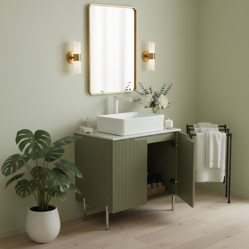 Bathroom Vanity 30", Ceramic Basin, Engineered Carrara Stone Top, Green
