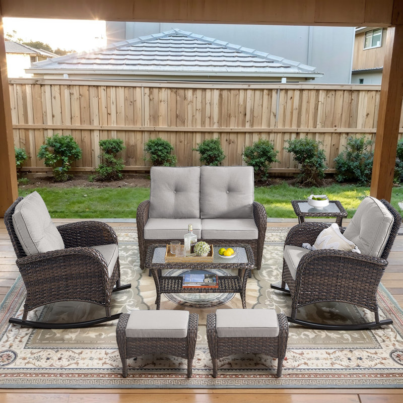 Gaetanino 7-Pieces Outdoor Conversation Set with Gliders and Cushions, Beige