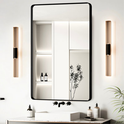 Miroir de salle de bain 36 po x 24 po avec cadre en aluminium noir - reflet transparent du verre flotté HD, cadre rouillé, mesure à l'épreuve, support en Z pour un montage mural sécuritaire, emballage sécuritaire 24 po x 36 po