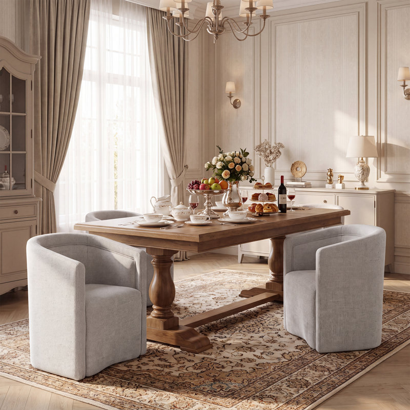 Upholstered Dining Armchair with Solid Pine Wood Frame and Caster Wheels