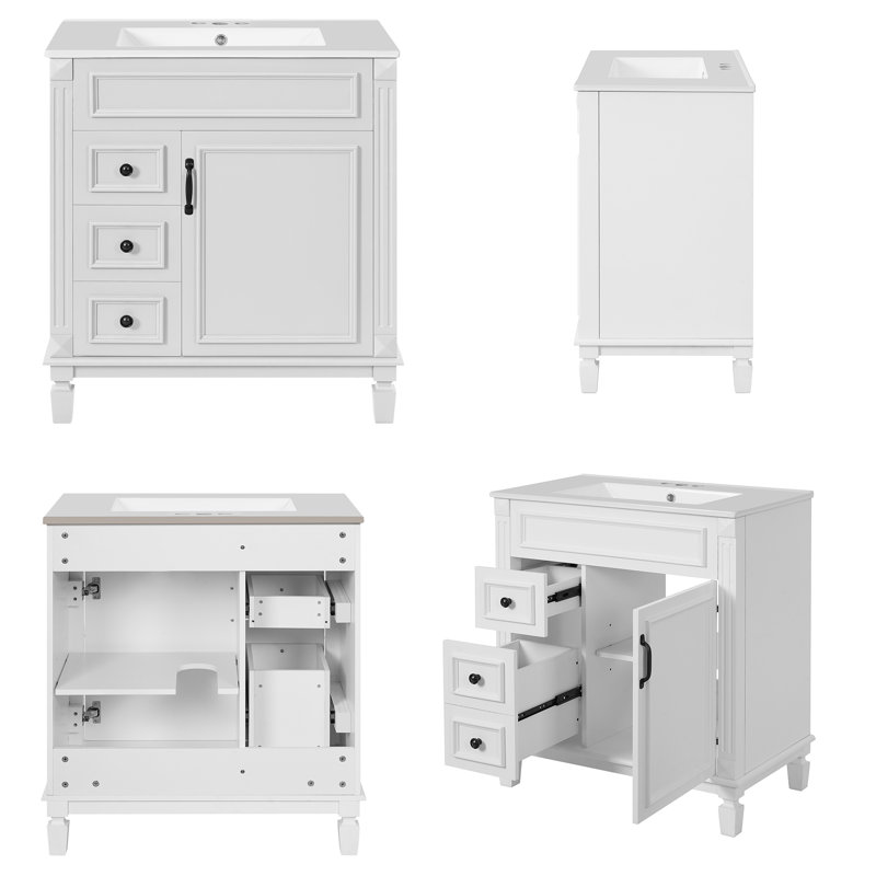 Meuble-lavabo simple 30 po avec lavabo en céramique - Armoire autoportante en bois massif à 2 tiroirs - Rayures françaises - Blanc