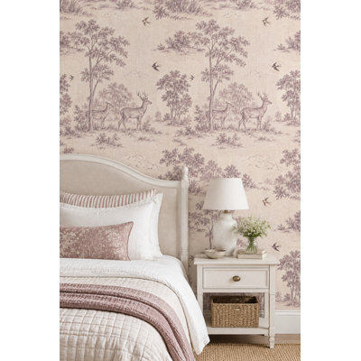 Papier peint vintage toile de Jouy crème beige à motifs de cerfs et d'oiseaux
