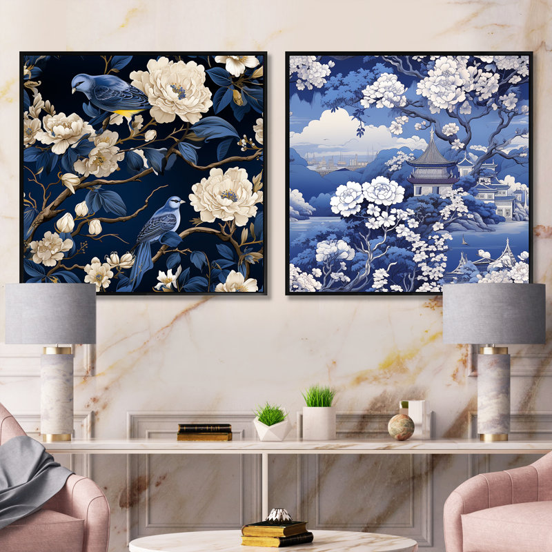 Motif de jardin victorien cobalt bleu chinoiserie - ensemble de collage carré floral, Cadre flottant noir, H 16 po x l 33 po