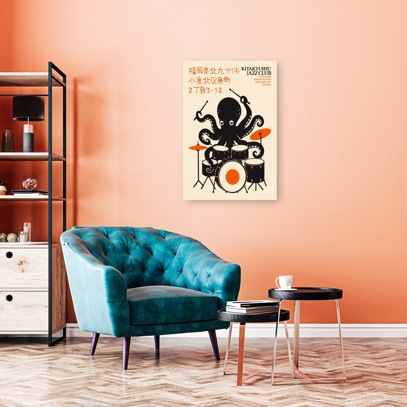 «Retro Octopus Drummer Playful Retro Whimsical Octopus Ocean», reproduction d'art mural, H 36 po x l 24 po