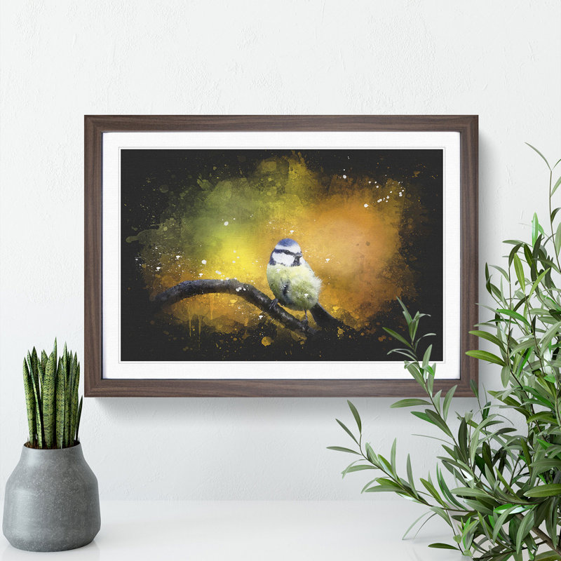 Blue Tit Bird Vol.2 Paint Splash - Picture Frame Graphic Art, 36cm H x 48cm W x 2cm D, Walnut