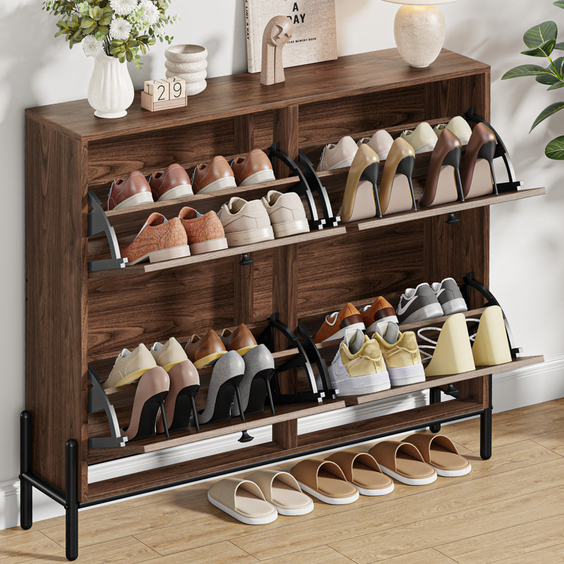 Rattan Shoe Storage Cabinet With 4 Flip Drawers(Fits 16 Pairs), Freestanding Shoe Organizer With Metal Legs For Entryway