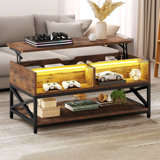 Abey Lift Top Tempered Glass Coffee Table with 2 Open Cabinets and Shelf