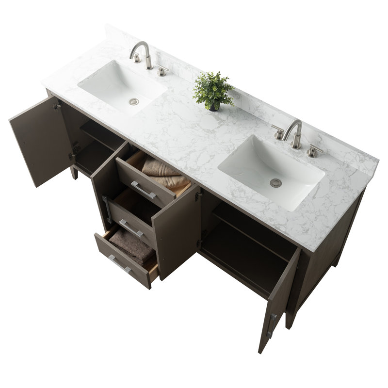 Meuble-lavabo double 72 po avec plateau en marbre, Nickel brossé, Bois flottant gris